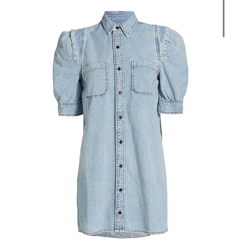 FRAME Rosette Frame Shirt Dress Women's Size S Blue 100% Cotton Puff Sleeve